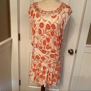 LEIFNOTES ANTHROPOLOGIE DRESS MINI CREAM ORANGE FLORAL DROP WAIST BLOUSON SIZE M